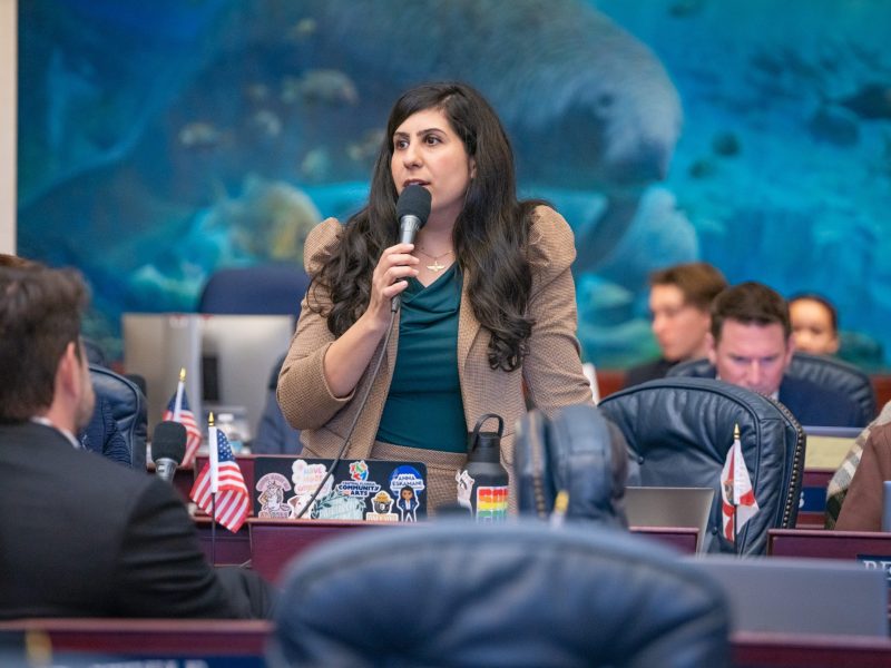Florida State Representative Anna Eskamani (Democrat) stands at a desk, wearing a tan blazer and a green top, speaking into a handheld microphone. She has long dark hair and is addressing colleagues in the legislative chamber. A large blue mural featuring a manatee is visible on the back wall.