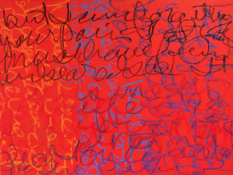 Abstract painting dominated by a vibrant red color, overlaid with densely scribbled, illegible black, orange, and blue handwriting.