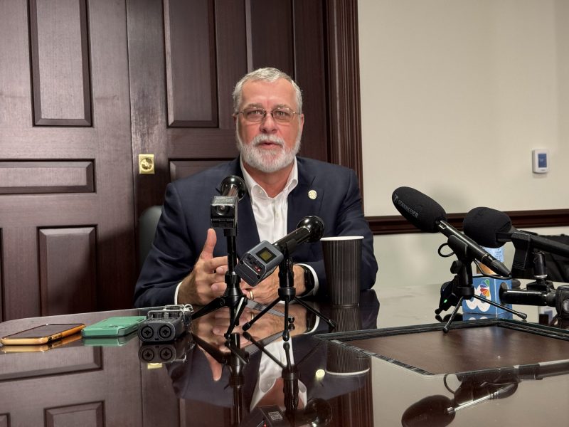 A person identified as the Florida Senate President sits at a glossy table, gesturing with their hands while speaking to a cluster of professional microphones and recording devices.