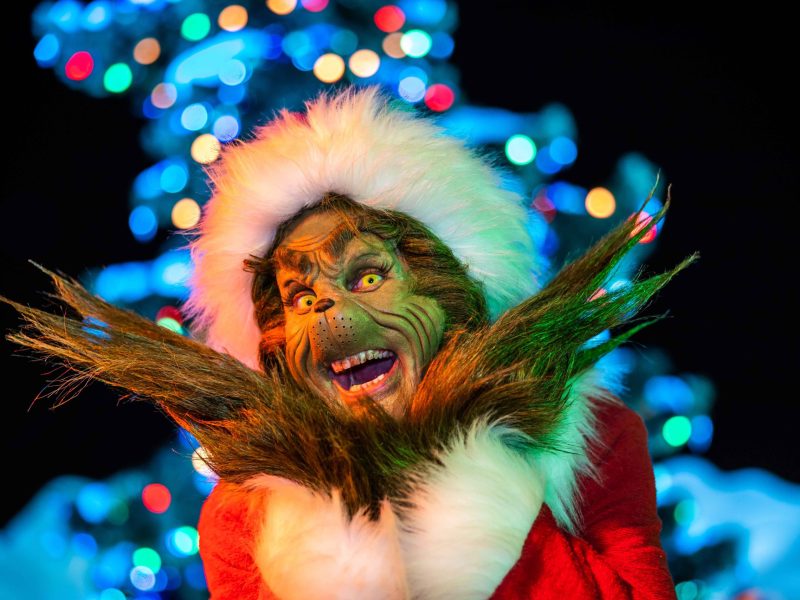 A close-up of a character dressed as The Grinch, featuring green textured skin, intense yellow eyes, and wild tufts of facial hair. He wears a traditional red Santa hat and suit with white fur trim and flashes a mischievous, toothy grin. The background is dark but illuminated by soft, out-of-focus blue, green, and red Christmas lights.