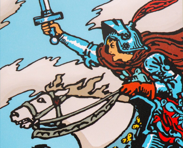 Close up on the Knight of Swords tarot card