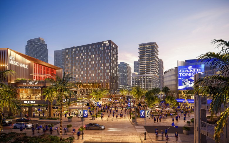 A vibrant architectural rendering of an urban plaza at dusk, showing a modern music venue labeled "WS Music Venue" on the left and a large arena with a "GAME TONIGHT" digital screen on the right.