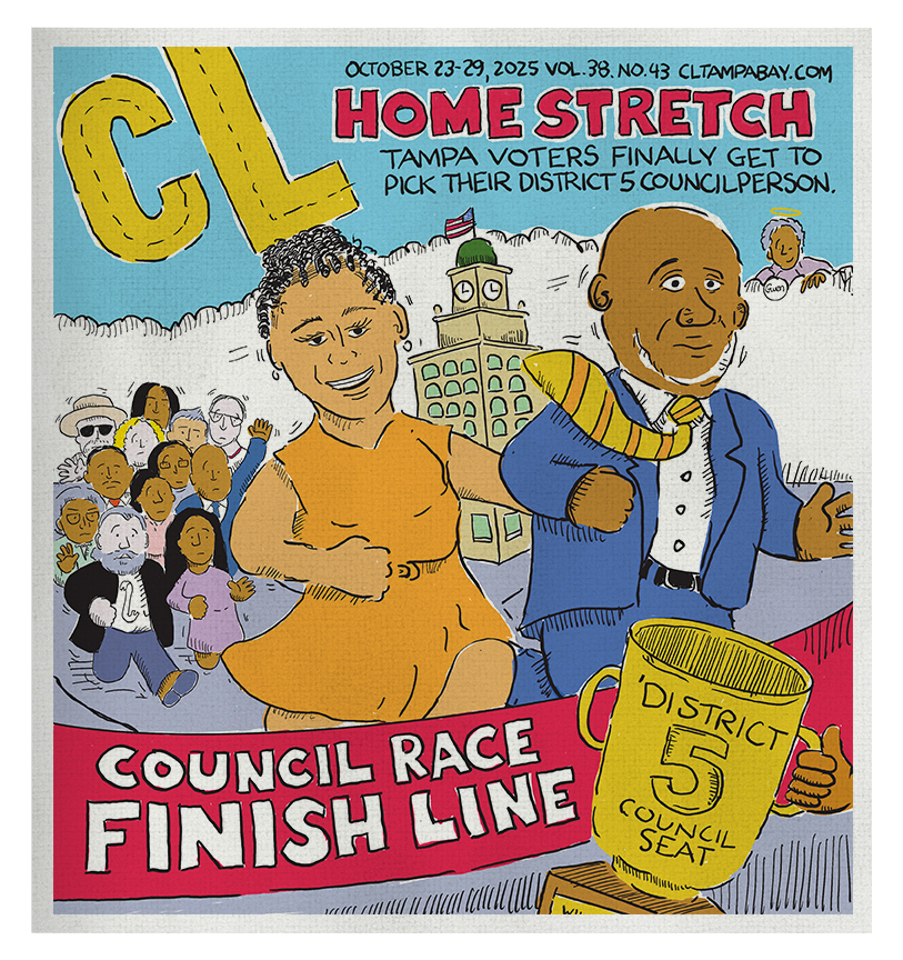 A political cartoon cover for CL magazine titled "HOME STRETCH COUNCIL RACE FINISH LINE." It shows two cartoon candidates—a smiling woman in an orange dress and a man in a blue suit with a striped sash—running toward a gold trophy labeled "DISTRICT 5 COUNCIL SEAT." The Tampa City Hall tower is visible between them.