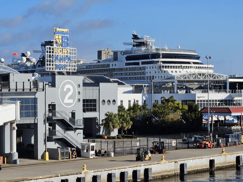 View of a busy cruise terminal with a large white cruise ship docked behind the gray Terminal 2 building. A prominent sign reading "PORT TAMPA BAY" is visible above the building.