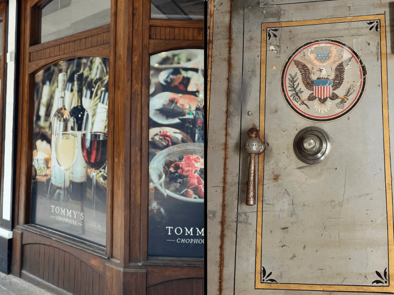 A split image showing two distinct scenes. On the left is the wooden storefront of "Tommy's Chophouse," featuring large window decals displaying wine bottles and gourmet dishes. On the right is a close-up of a heavy, vintage safe door, distressed and grey with gold trim, a combination dial, a handle, and a large decal of the Great Seal of the United States featuring an eagle.